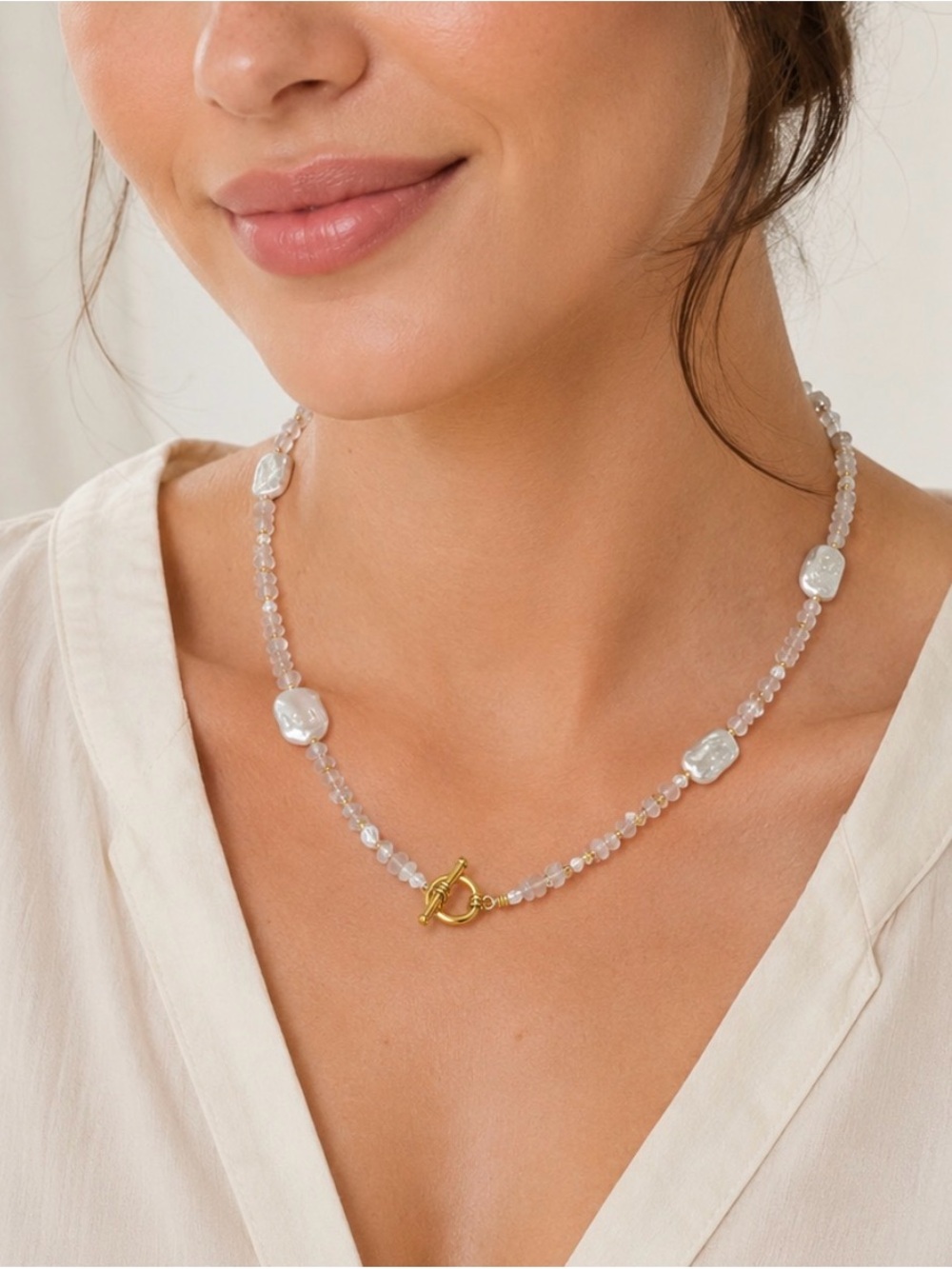Handmade Moonstone & Freshwater Pearl Beaded Necklace 20”